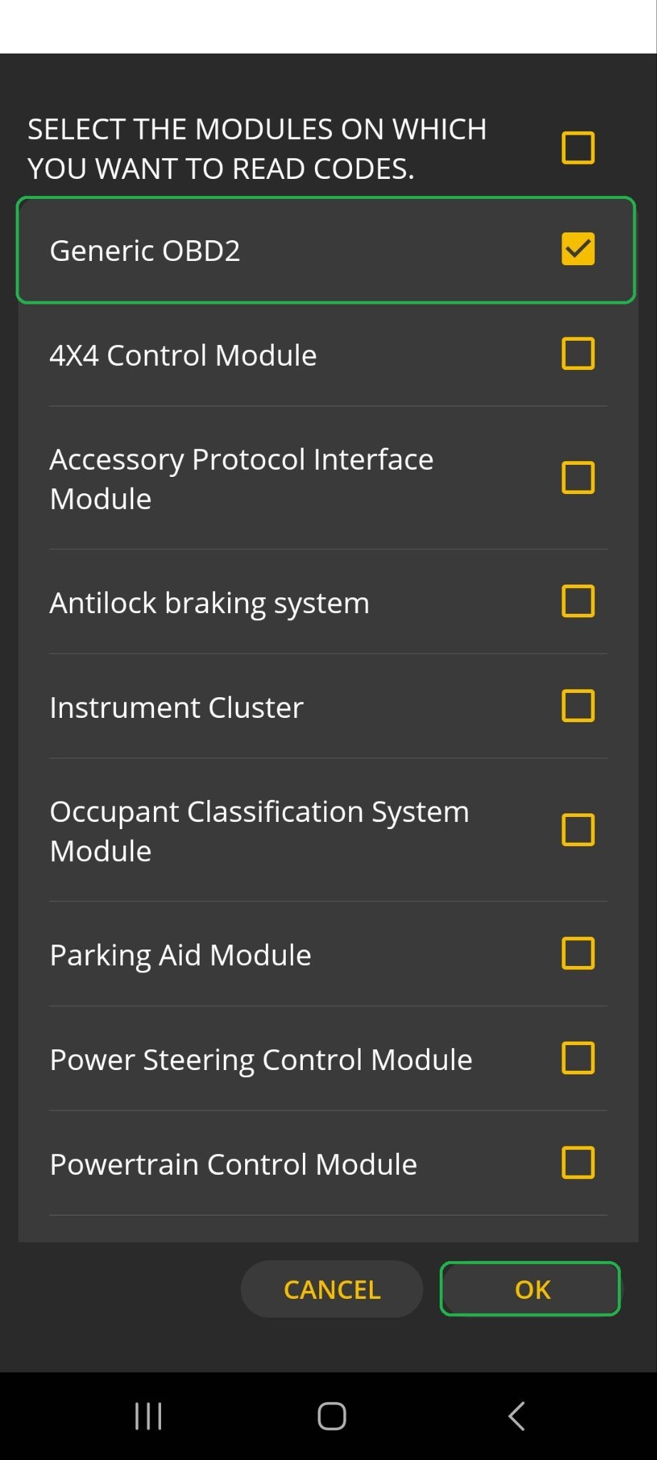Android screen showing Vehicle Diagnostic Network selection options. Generic OBD2 is checked and highlighted. The OK button is also highlighted.