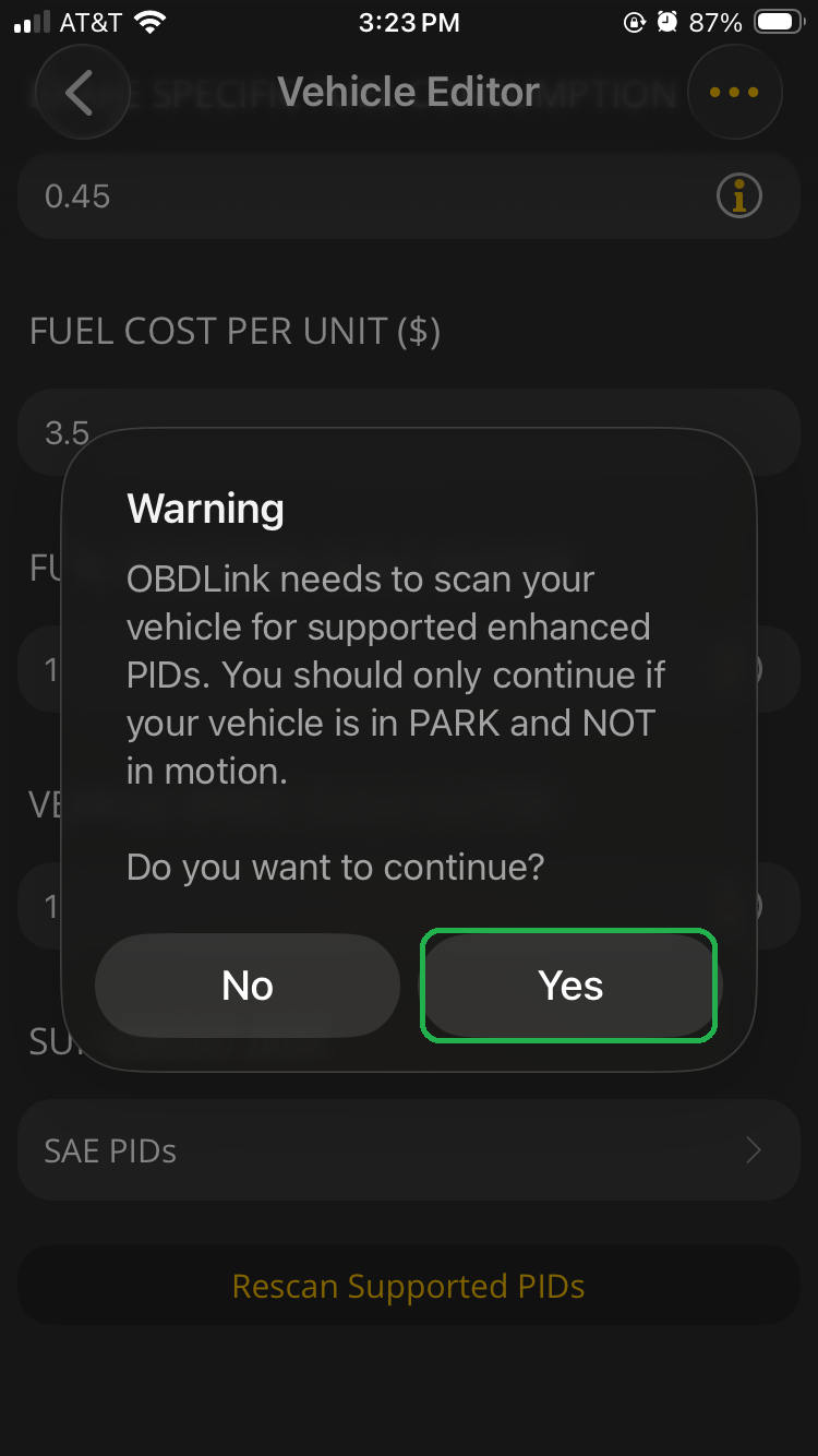 iOS screen showing a Warning message about scanning for enhanced PIDs. The Yes button is highlighted.