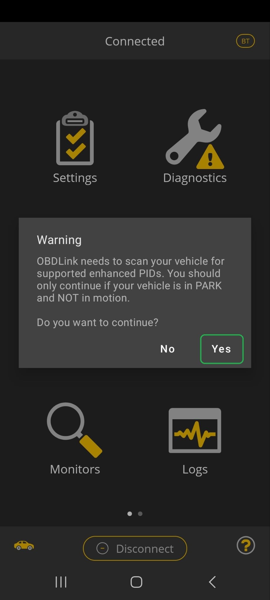 Android screen showing a Warning message about scanning for enhanced PIDs. The Yes button is highlighted.
