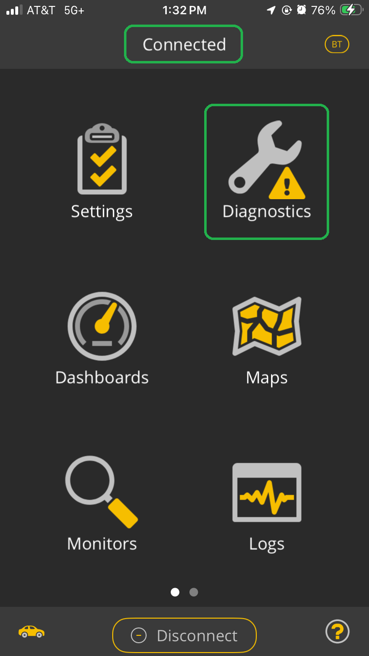 iOS home screen. The Connected button and the Diagnostics icon are highlighted.
