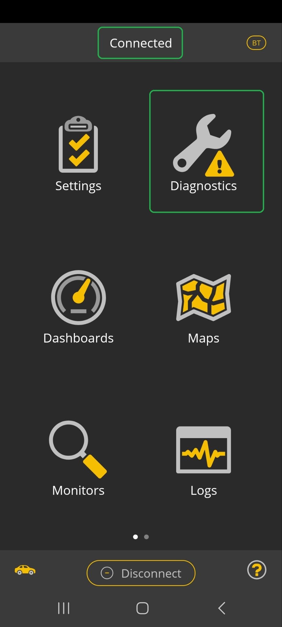 Android home screen. The Connected button and the Diagnostics icon are highlighted.