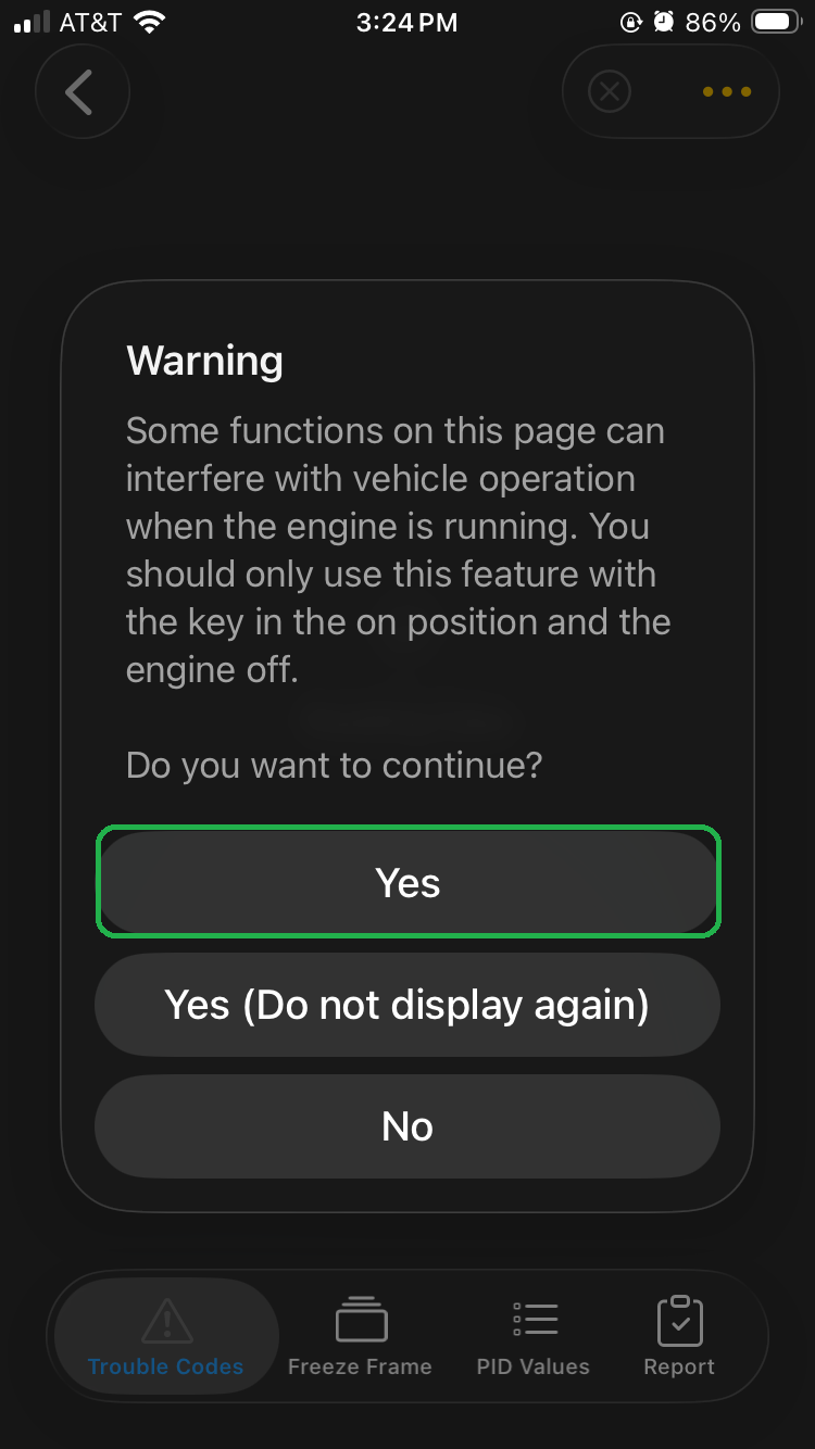 iOS Warning message about not running the engine during diagnostic testing. The Yes button is highlighted.