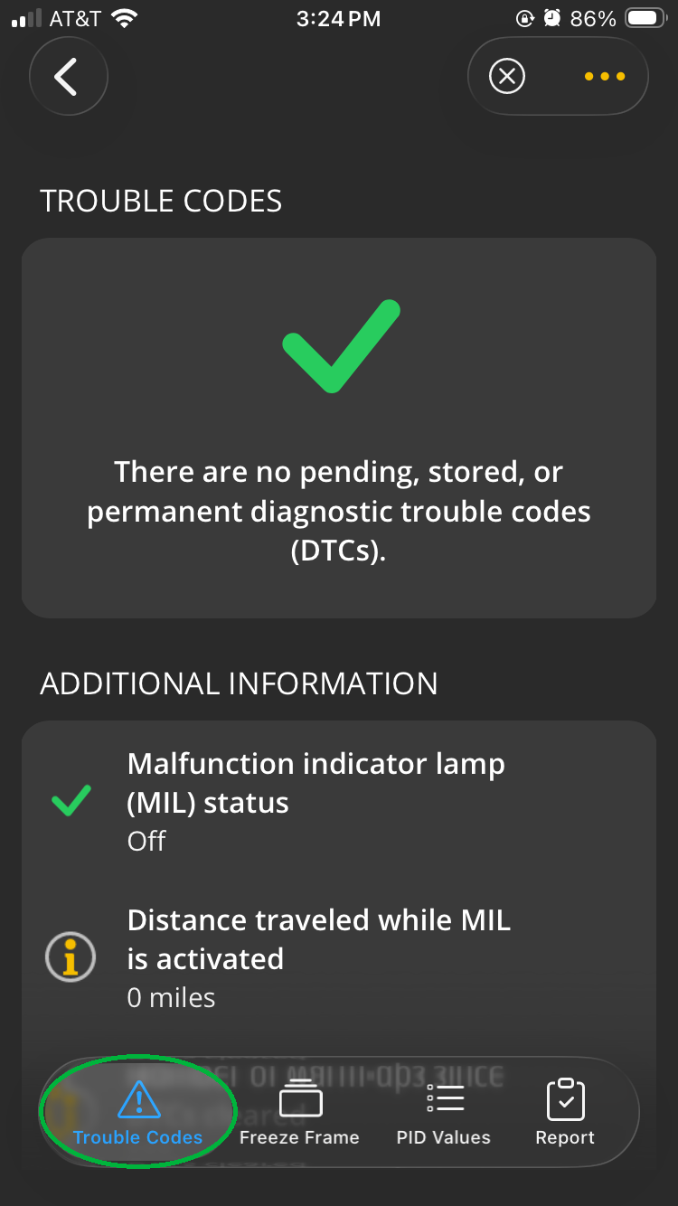 iOS screen showing the Trouble Codes tab. There is a green checkmark indicating all tests passed.