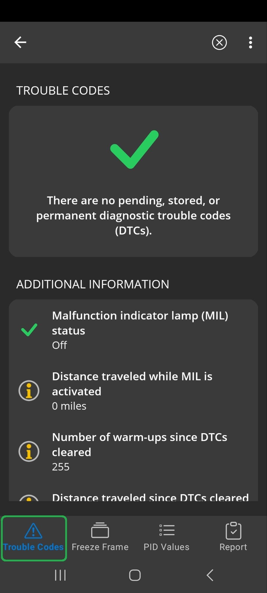 Android screen showing the Trouble Codes tab. There is a green checkmark indicating all tests passed.