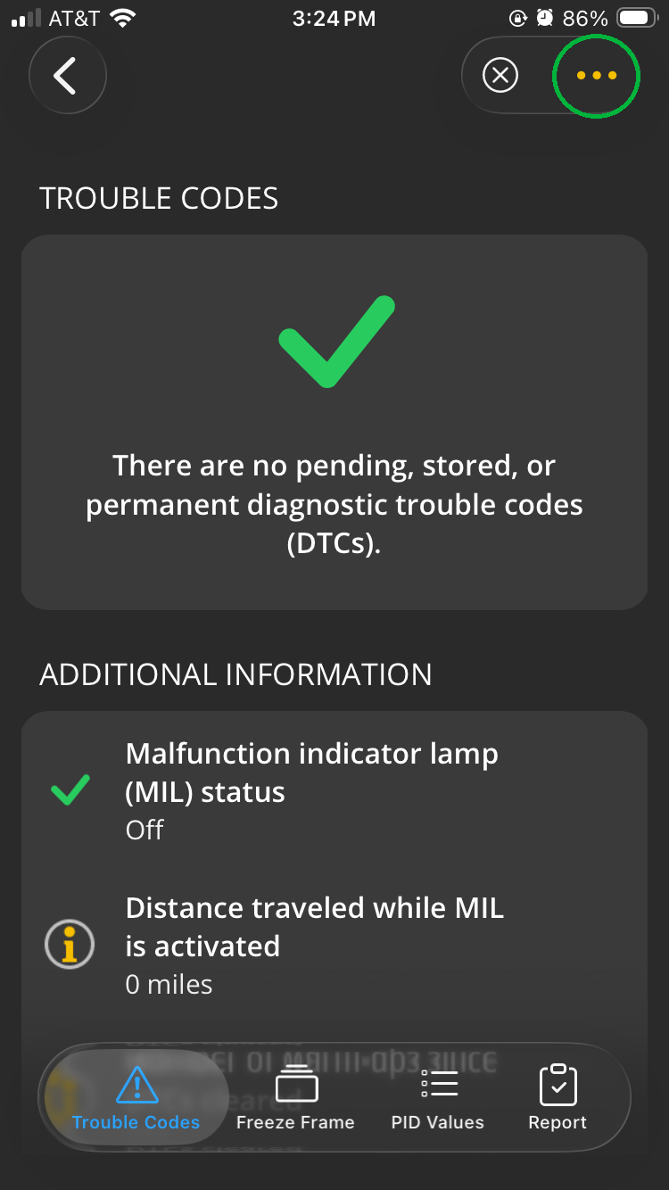 iOS screen showing the Trouble Codes tab. The Menu button (3 horizontal dots) is highlighted.