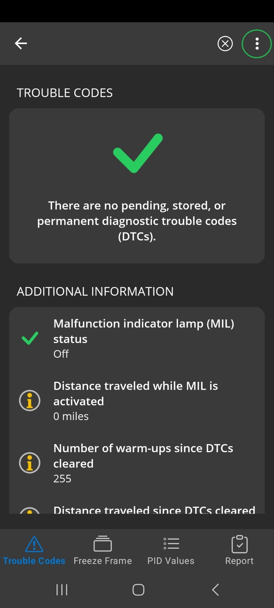 Android screen showing the Trouble Codes tab. The Menu button (3 vertical dots) is highlighted.
