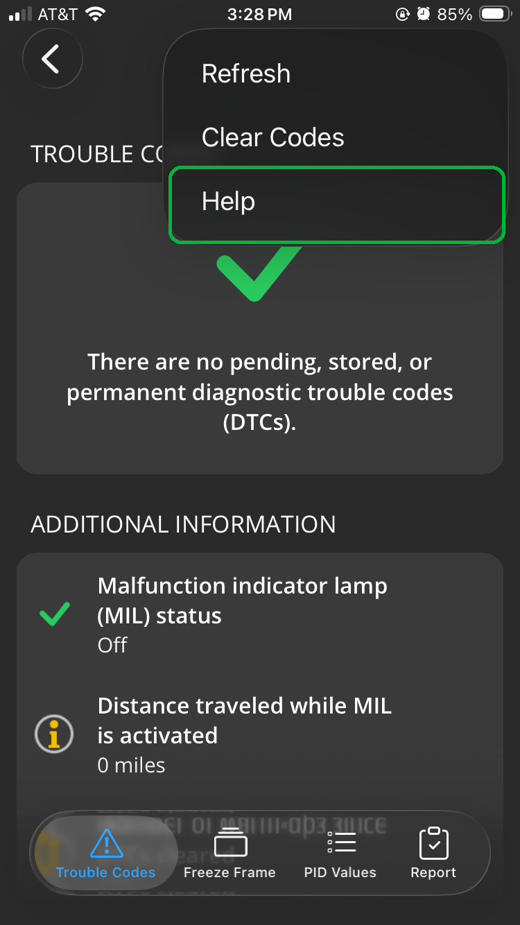 iOS screen showing the Trouble Codes menu options. The help button is highlighted.