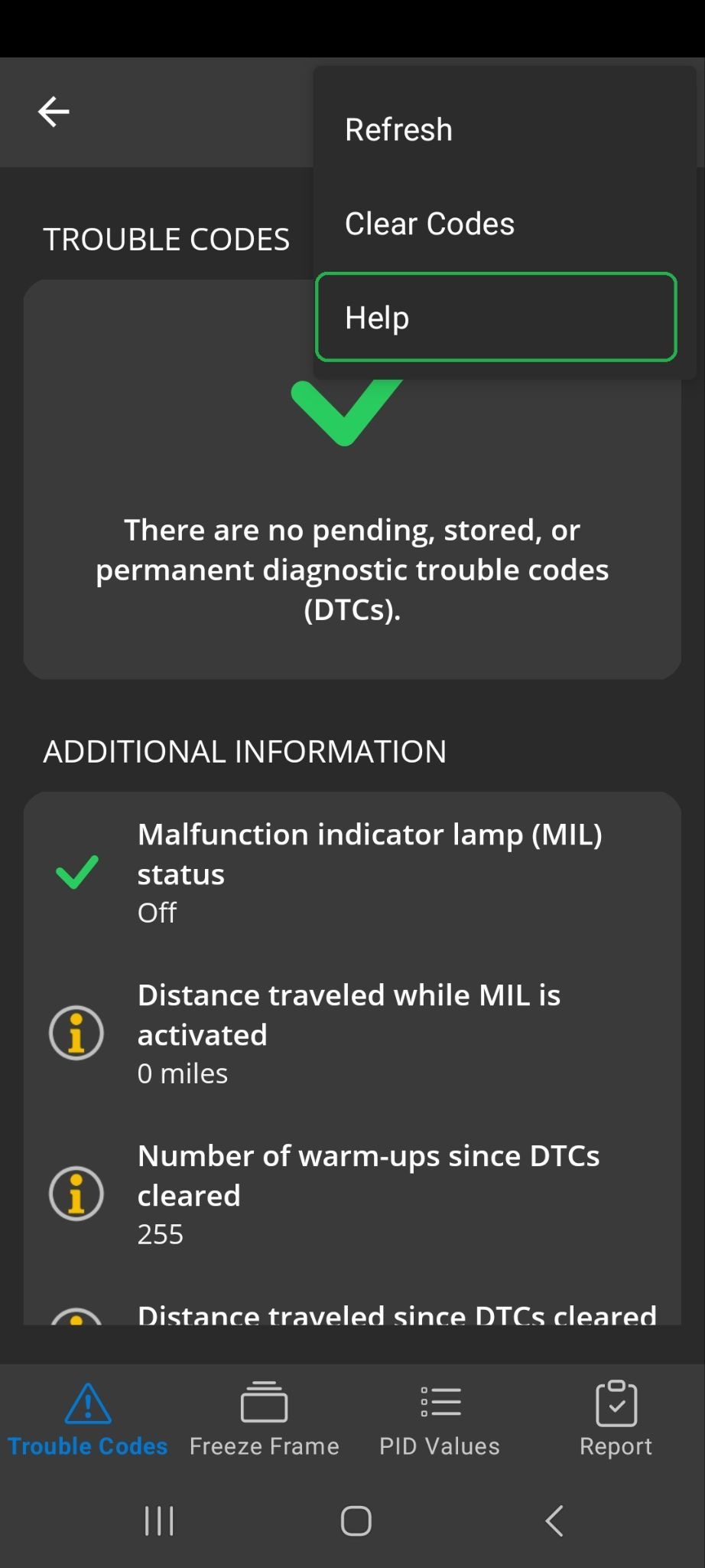 Android screen showing the Trouble Codes menu options. The help button is highlighted.