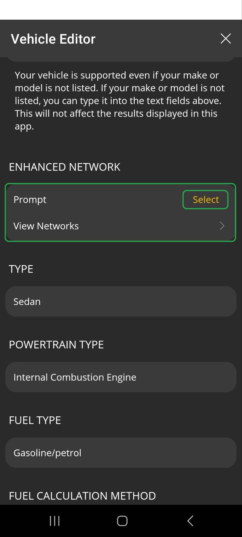 Android screen showing the Vehicle Editor menu. The Enhanced Network section is highlighted. The select button is also highlighted.