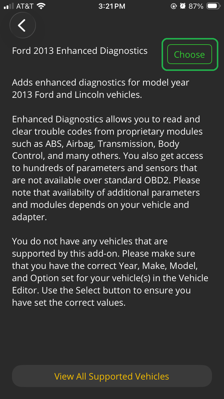 iOS screen showing Ford 2013 Enhanced Diagnostics information. The Choose button is highlighted.