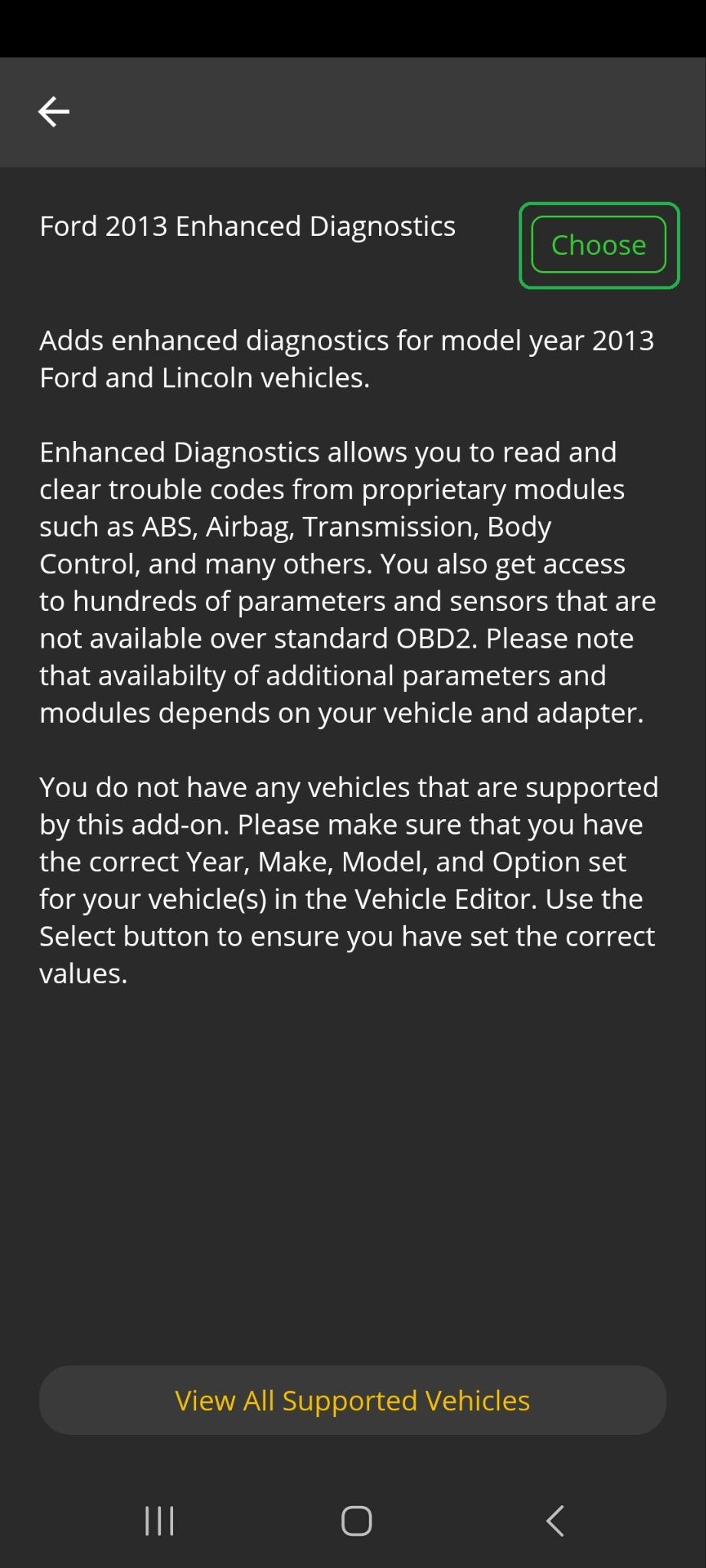 Android screen showing Ford 2013 Enhanced Diagnostics information. The Choose button is highlighted.