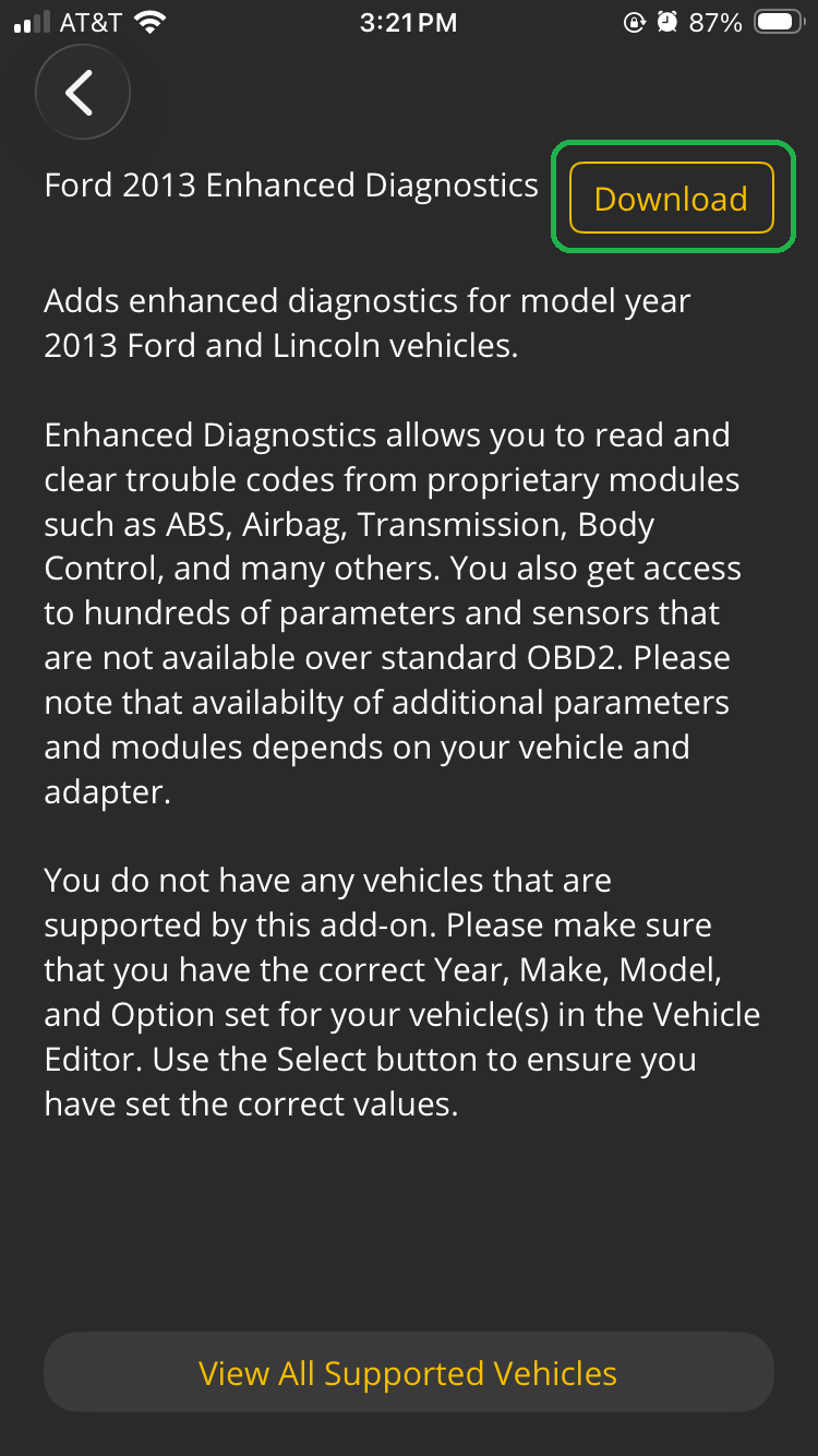 iOS screen showing Ford 2013 Enhanced Diagnostics information. The Download button is highlighted.