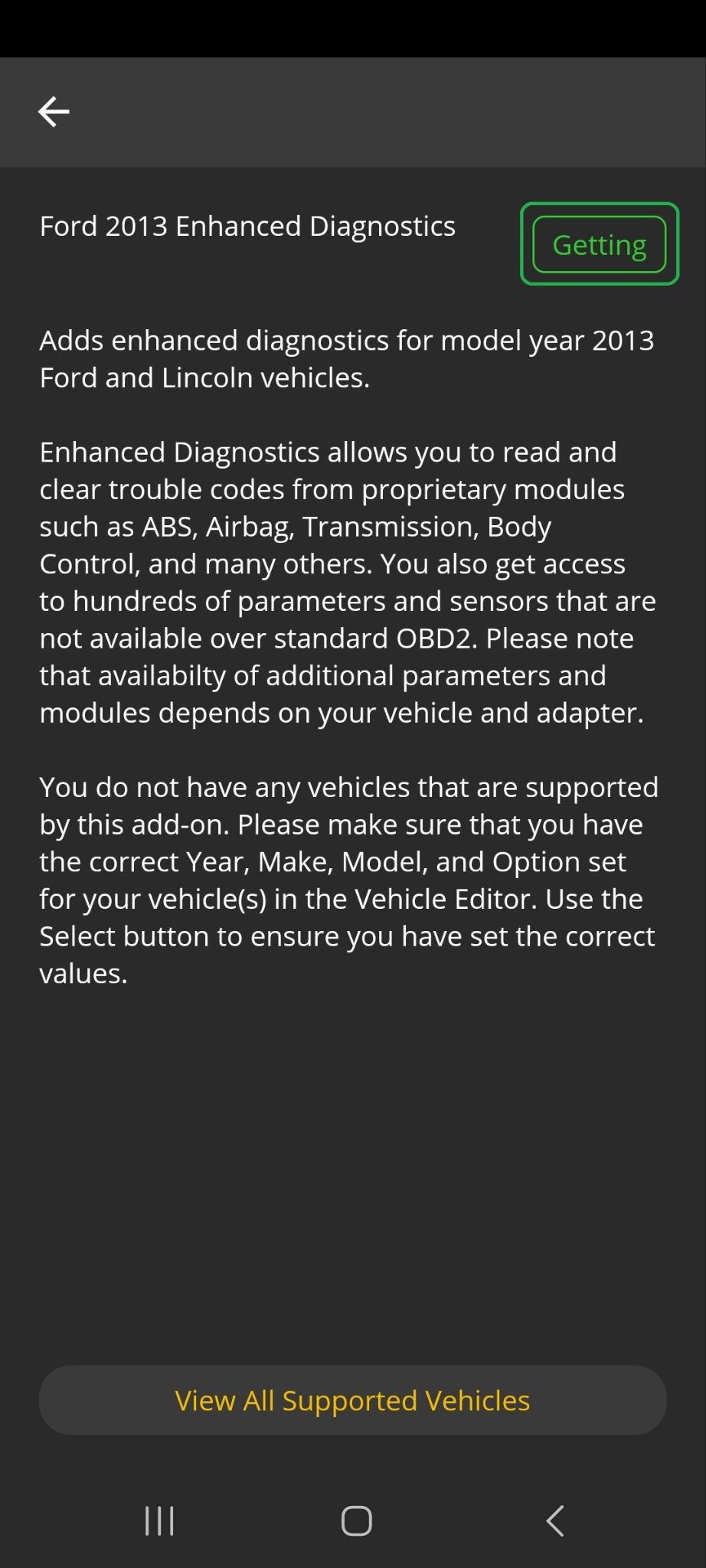 Android screen showing Ford 2013 Enhanced Diagnostics information. The Getting button is highlighted.