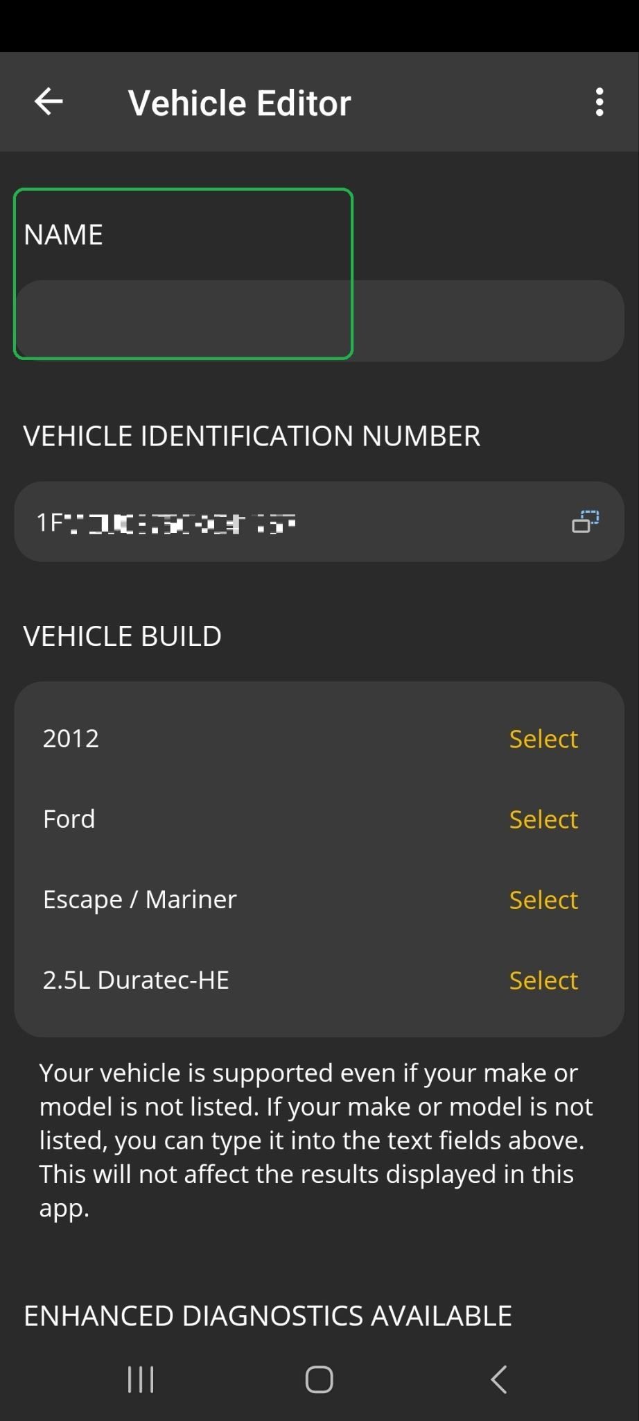 Android screen showing the Vehicle Editor options. The customized vehicle name field is blank and it is highlighted.