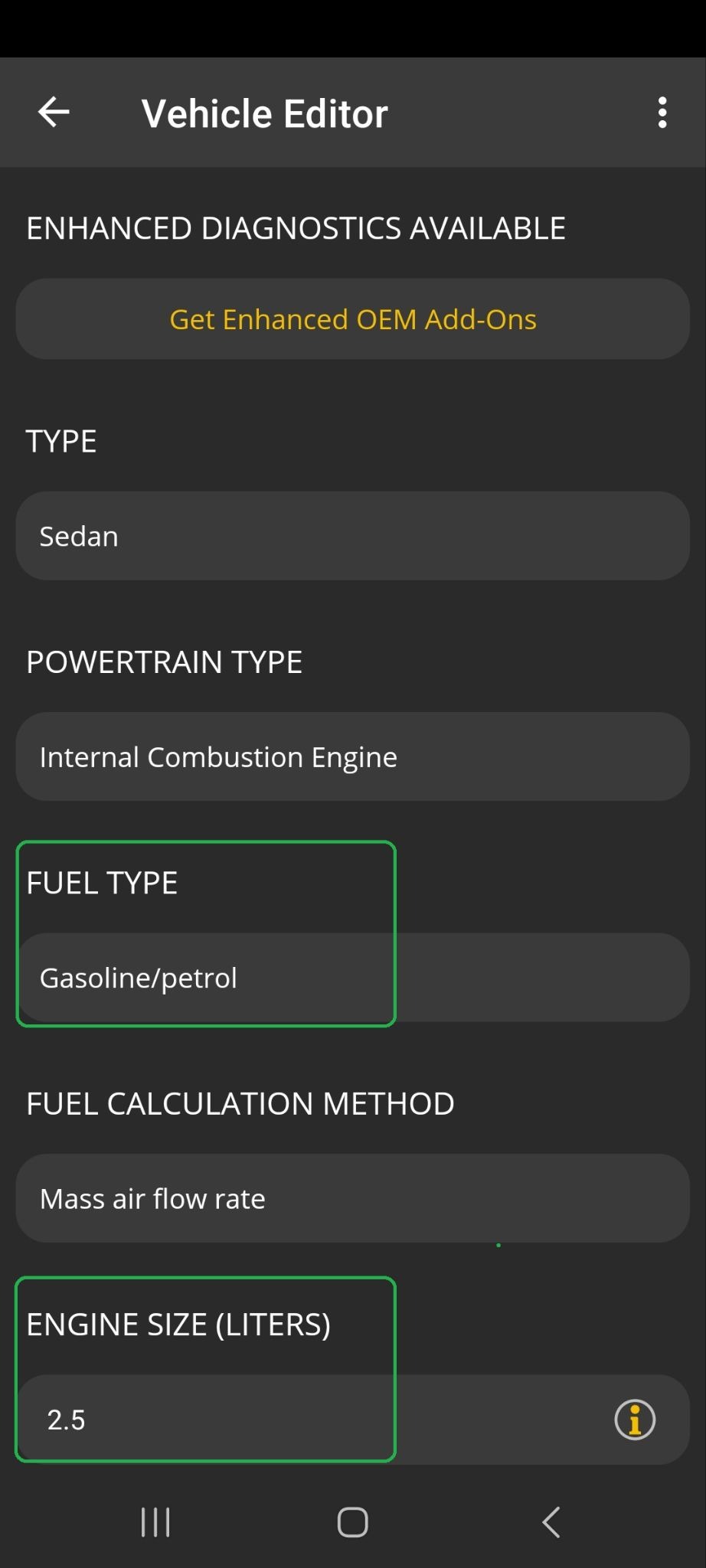 Android screen showing the Vehicle Editor options. The Fuel Type and Engine Size options are highlighted.