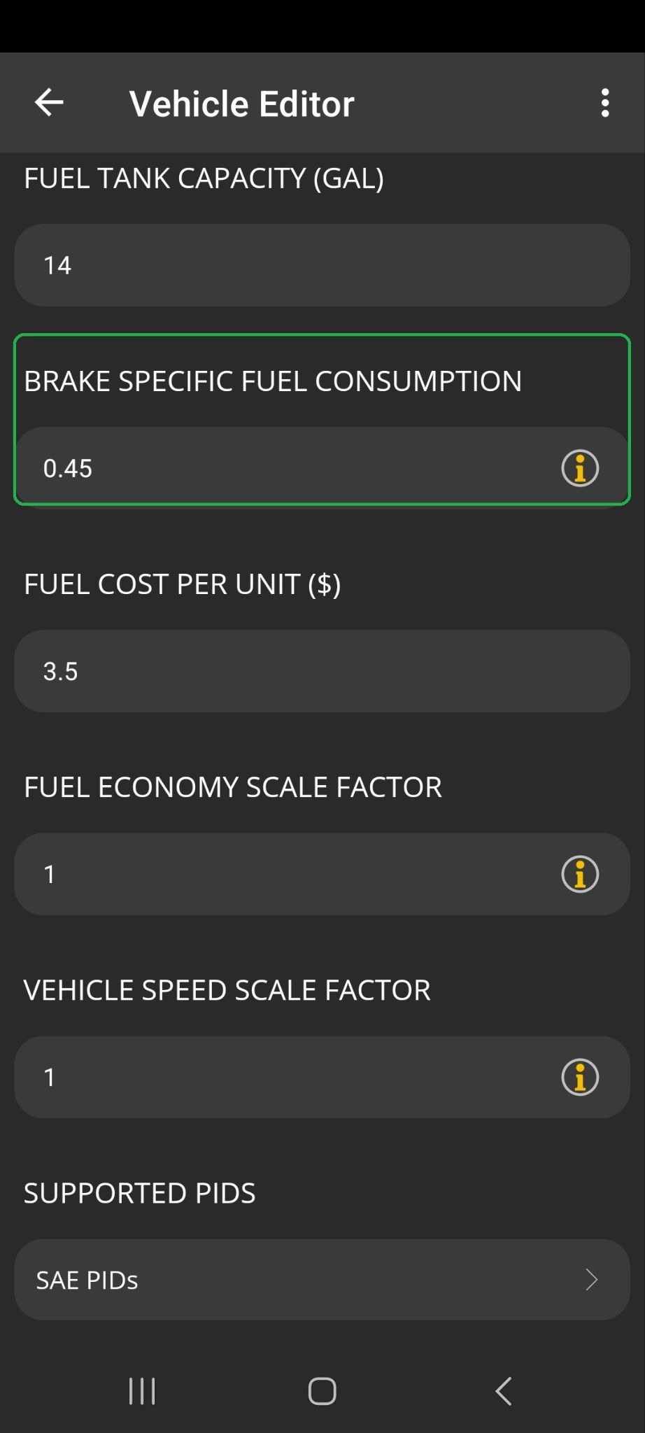 Android screen showing Vehicle Editor options. The Brake Specific Fuel Consumption field is highlighted.