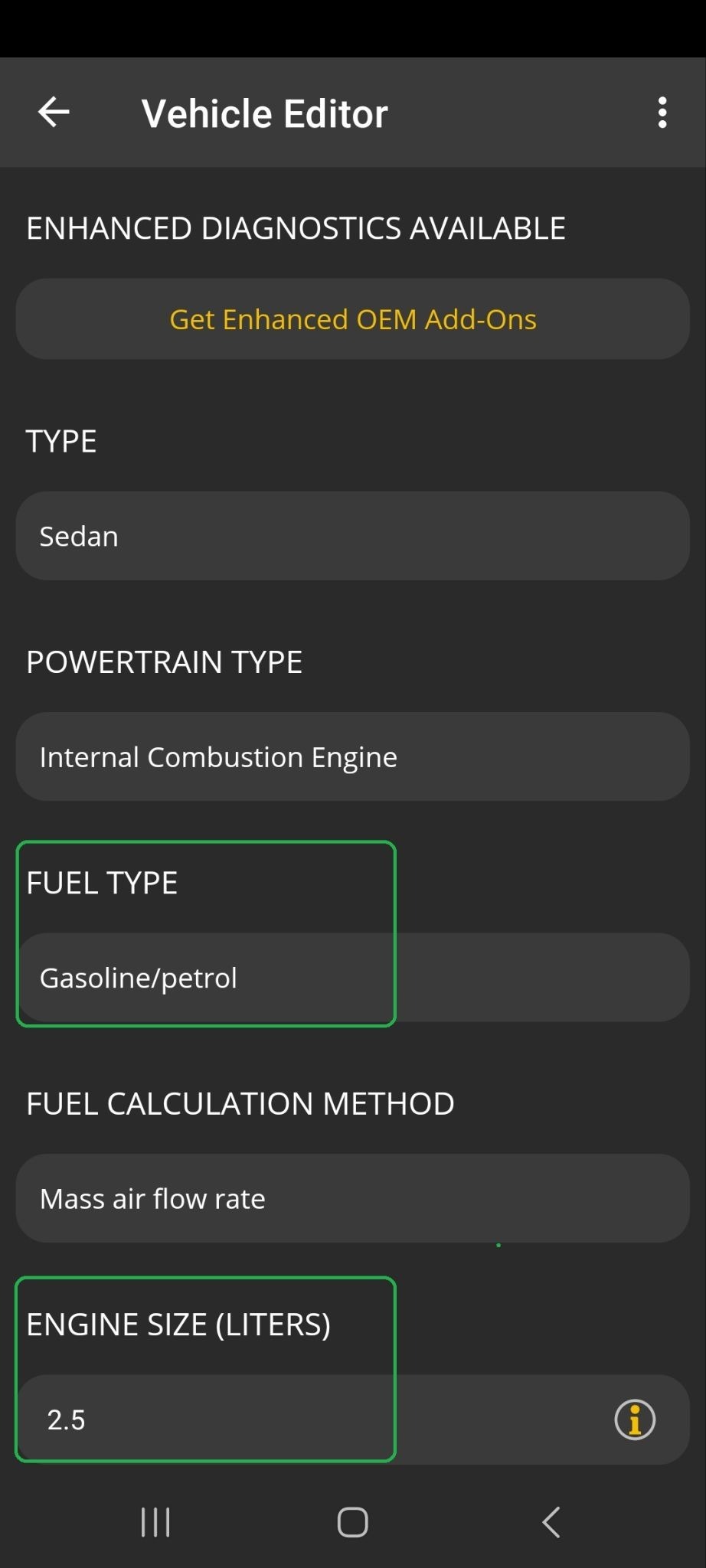 Android screen showing the Vehicle Editor options. The Fuel Type and Engine Size options are highlighted.