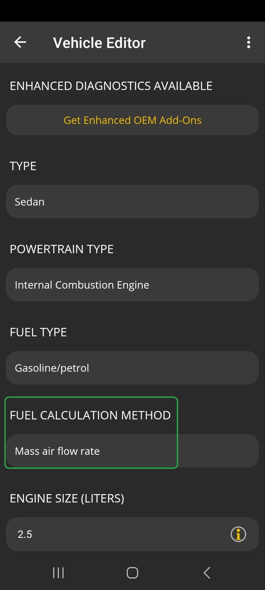 Android screen showing Vehicle Editor options. The Fuel Calculation Method field is highlighted.