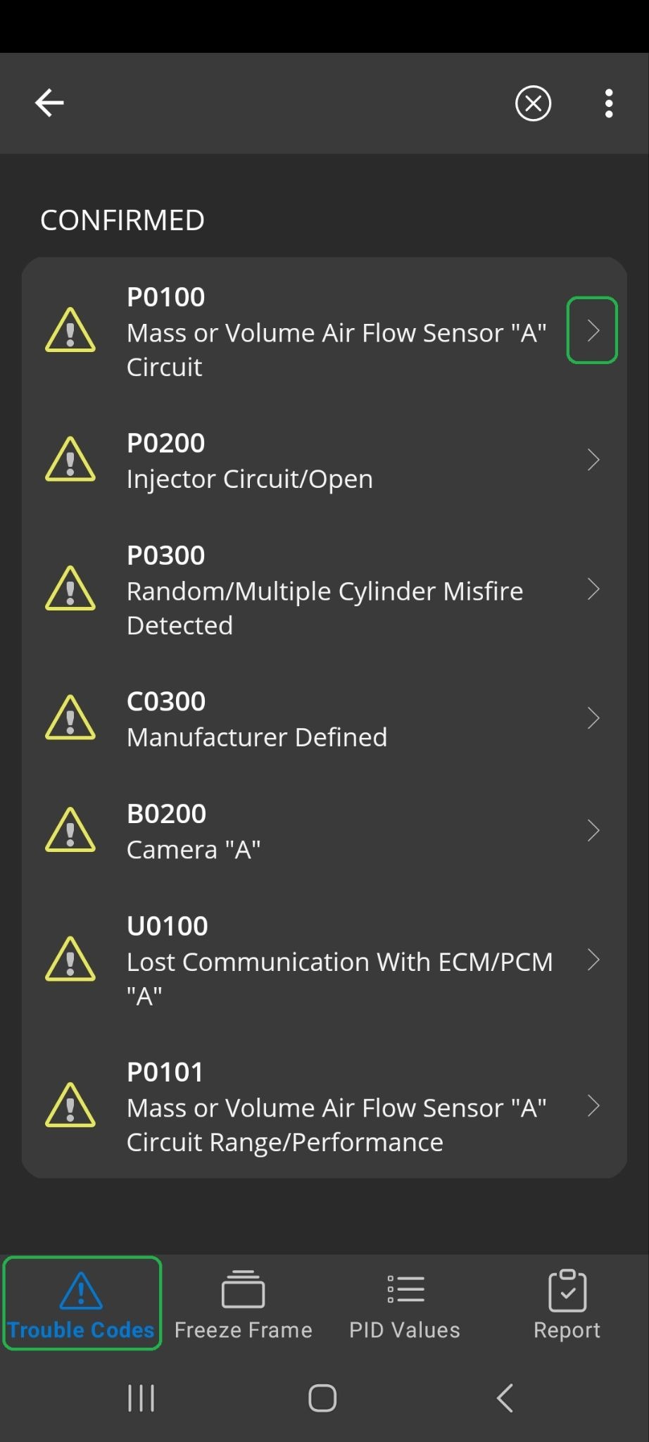 Android screen showing the Trouble Codes tab (highlighted) and a list of trouble codes that were detected. The forward arrow for the first trouble code (P0100) is also highlighted.