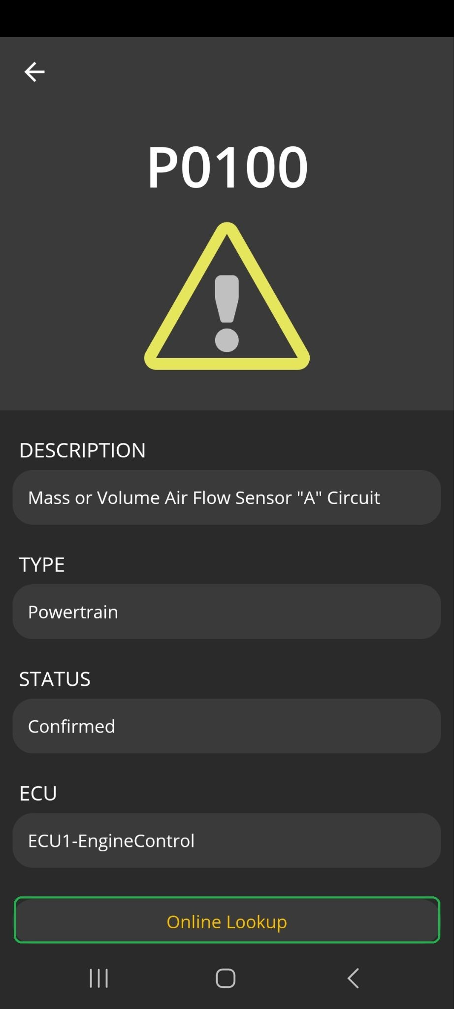 Android screen showing information about the P0100 trouble code. The Online Lookup button is highlighted.