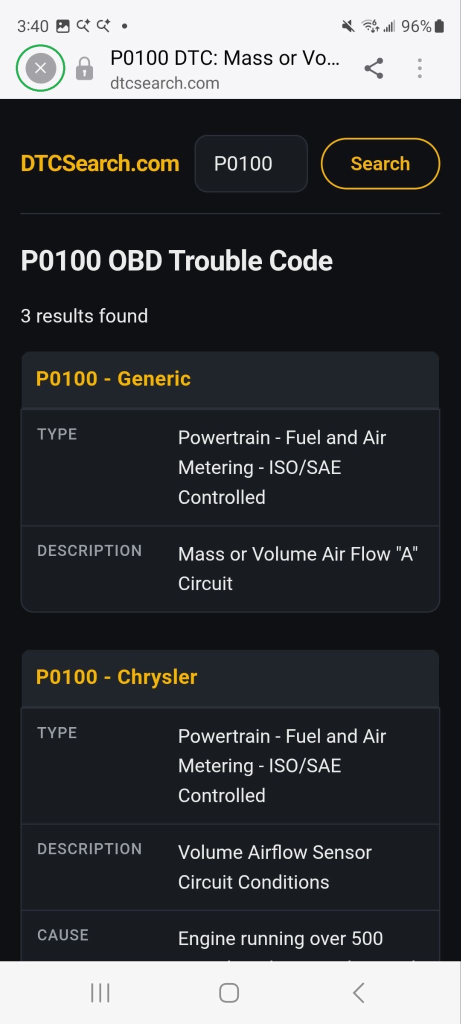 Android browser window showing DTC search results for the P0100 trouble code.