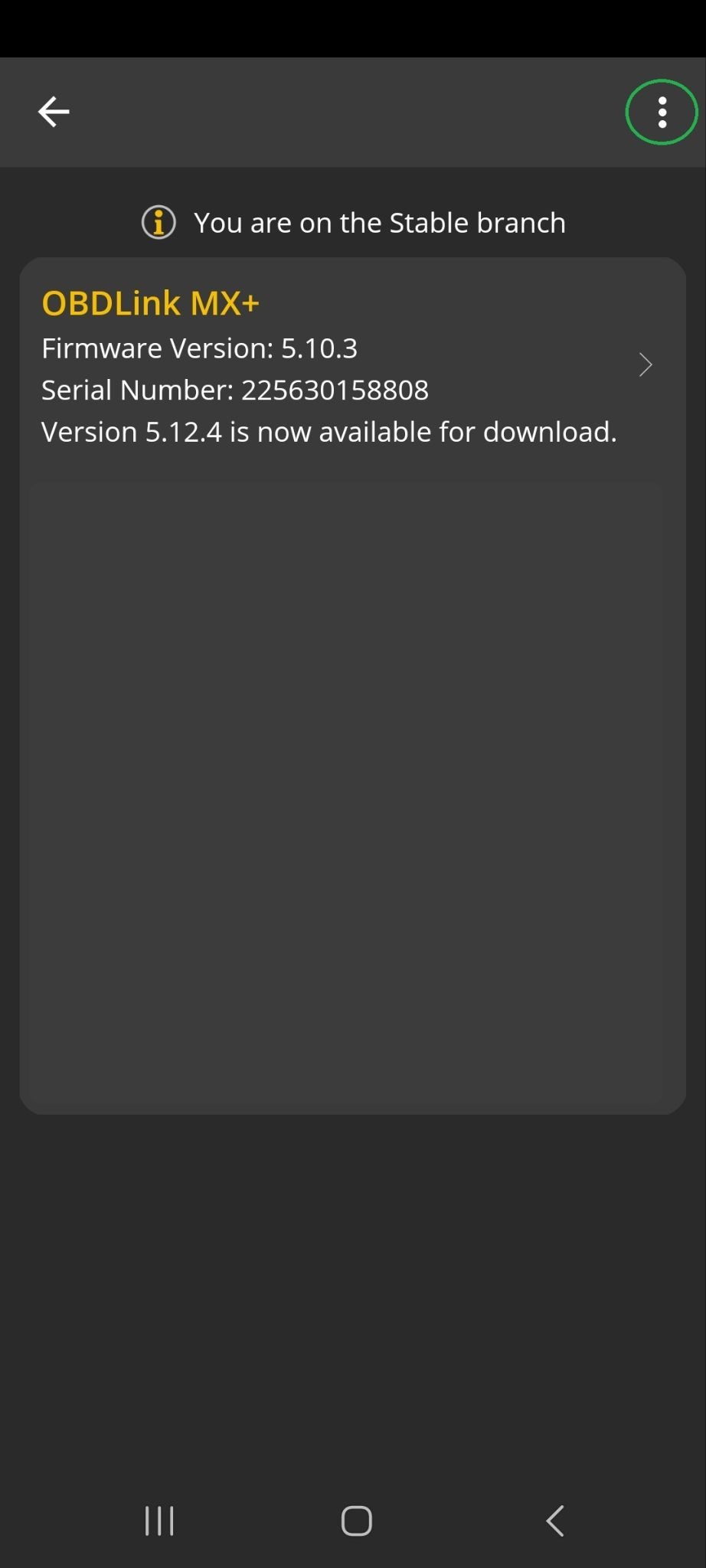 Android Firmware Updates screen showing the connected adapter in gold text. The Menu button (3 vertical dots) is highlighted.