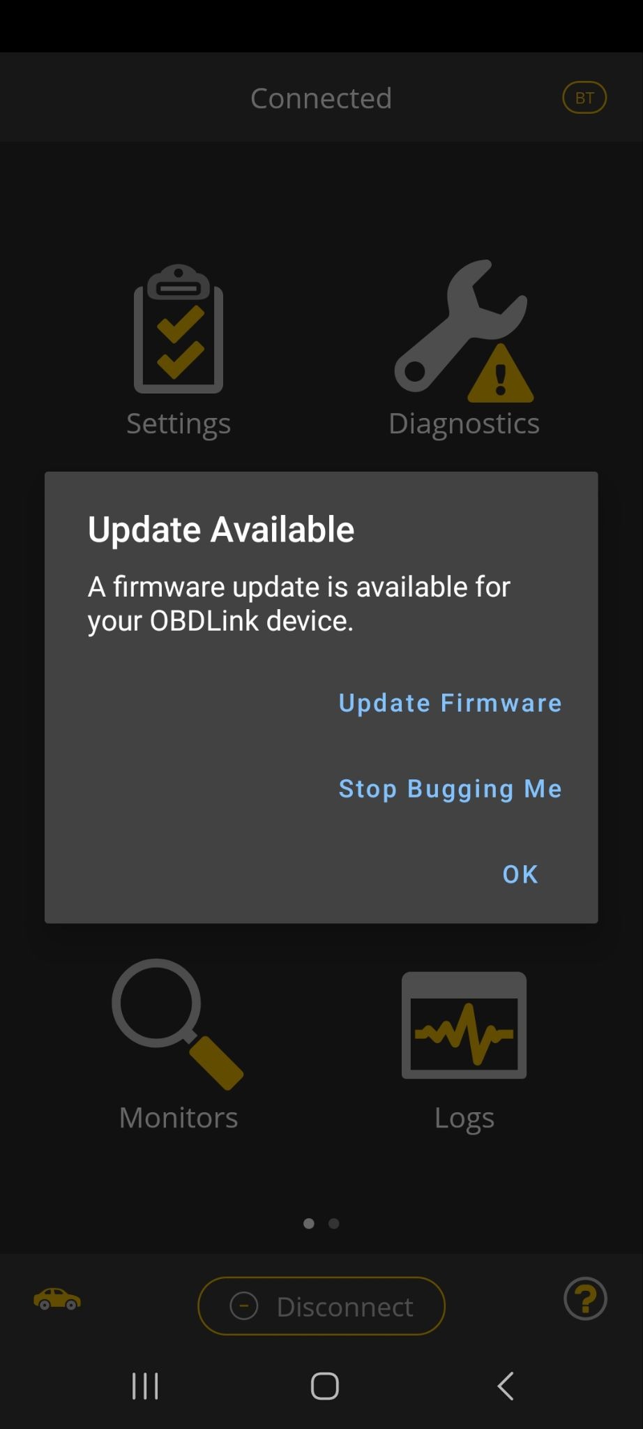 Android screen showing Update Available dialog.