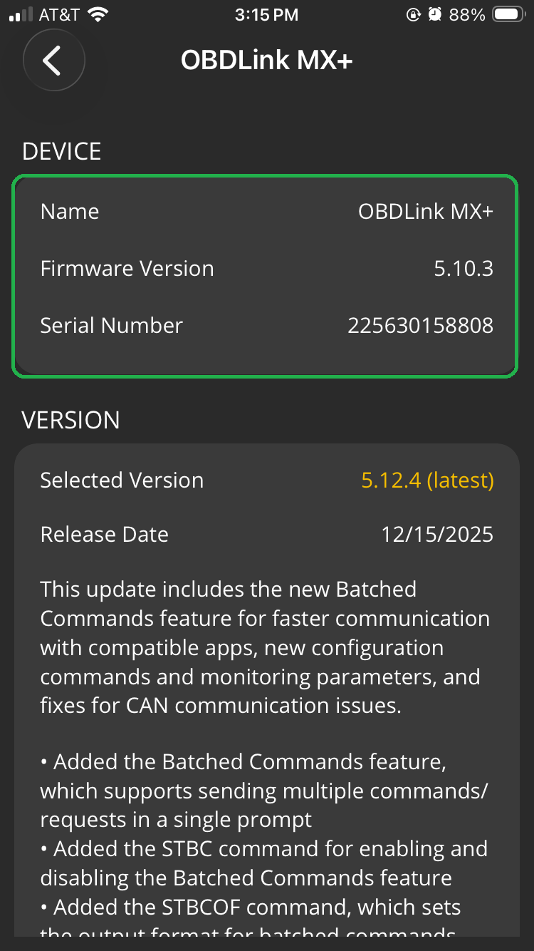iOS Firmware Updates, the upper portion of the screen. The details for the current device are highlighted.
