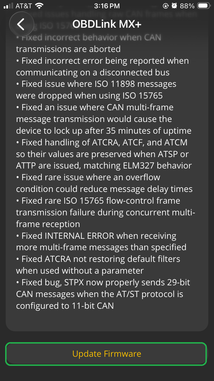 iOS Firmware Updates, the lower portion of the screen. Details for the latest firmware version are displayed. The Update Firmware button is highlighted.