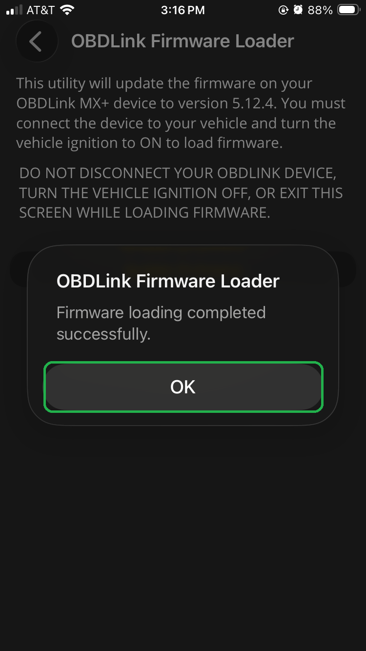 iOS Firmware Updates, loading successful screen. The OK button is highlighted.