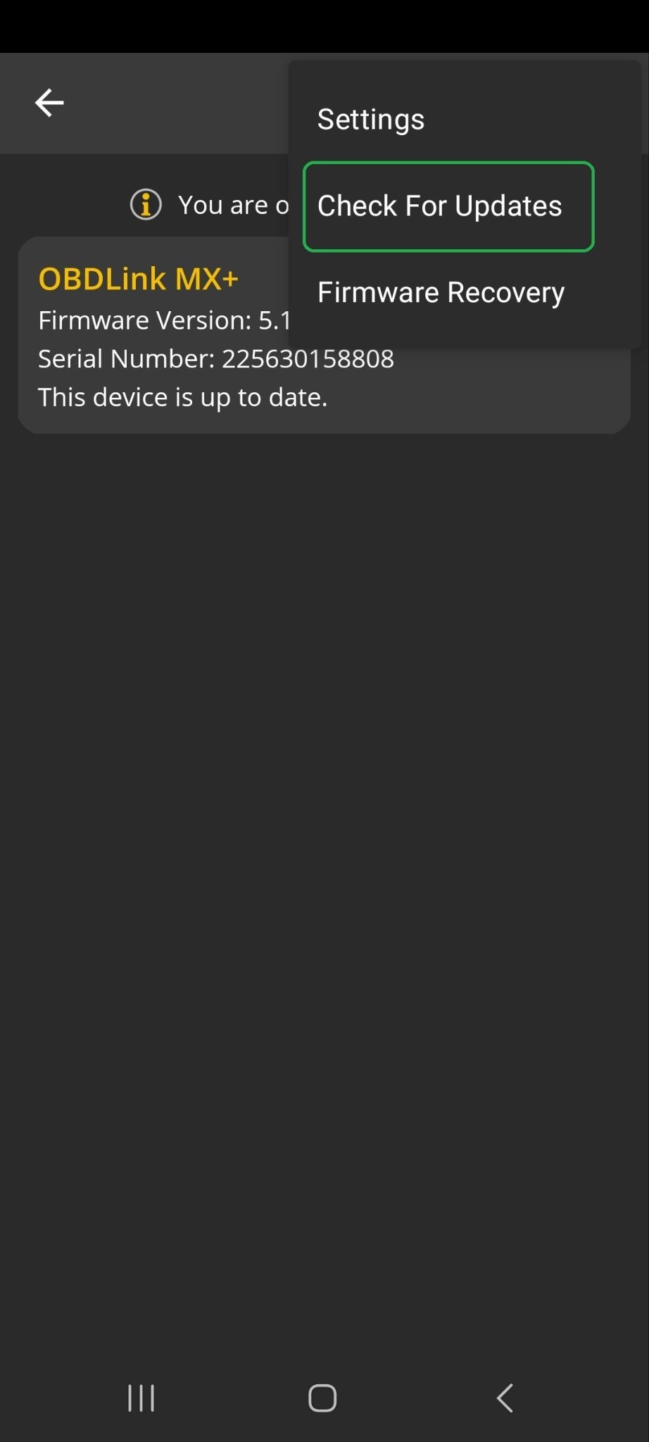 Android Firmware Updates Menu options. The Check For Updates option is highlighted. 