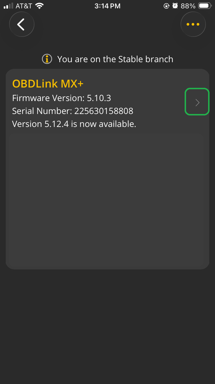 iOS Firmware Updates screen showing the connected adapter. The forward arrow is highlighted.