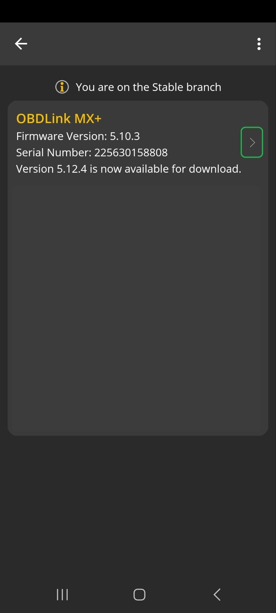 Android Firmware Updates screen showing the connected adapter. The forward arrow is highlighted.