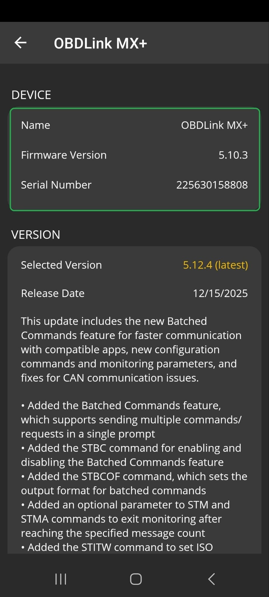 Android Firmware Updates, the upper portion of the screen. The details for the current device are highlighted.
