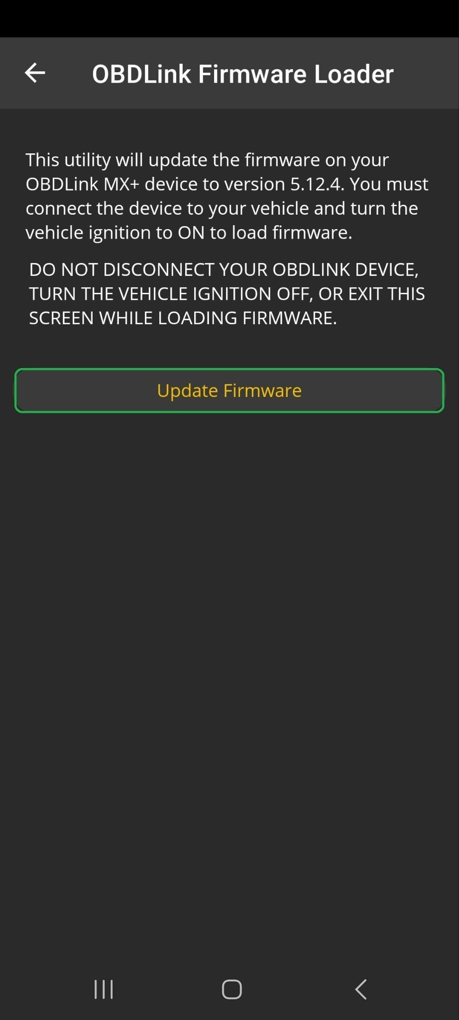 Android Firmware Updates, confirmation screen. The Update Firmware button is highlighted.