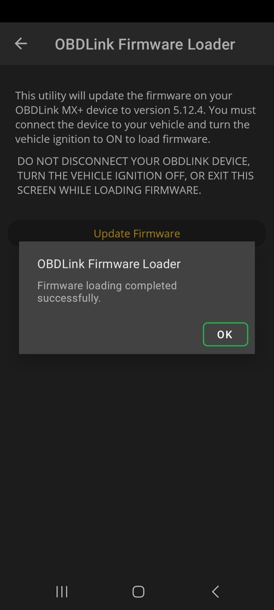 Android Firmware Updates, loading successful screen. The OK button is highlighted.