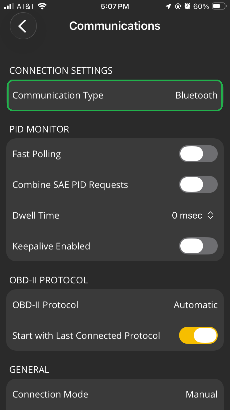 iOS Settings Communications menu. The Connection Settings option is highlighted.
