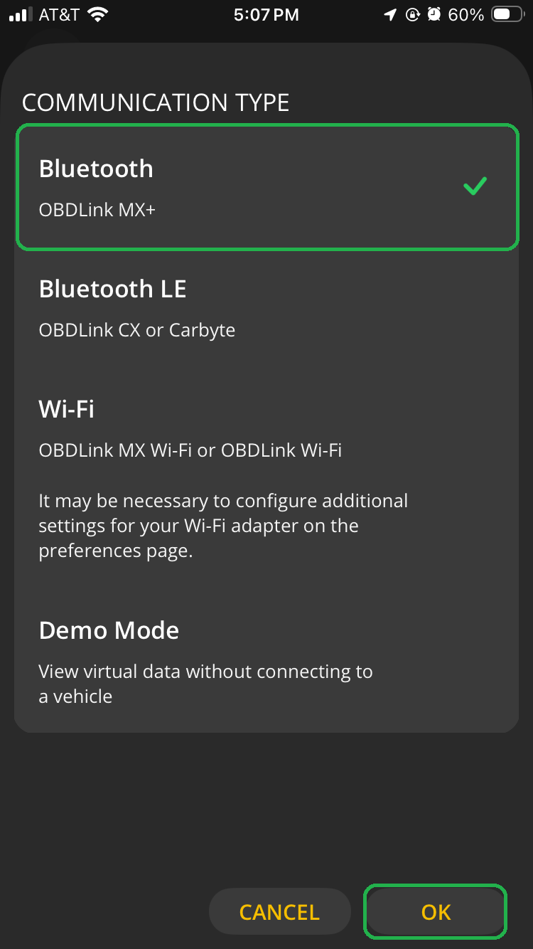 iOS Communication Type menu. The Bluetooth option and OK button are highlighted.