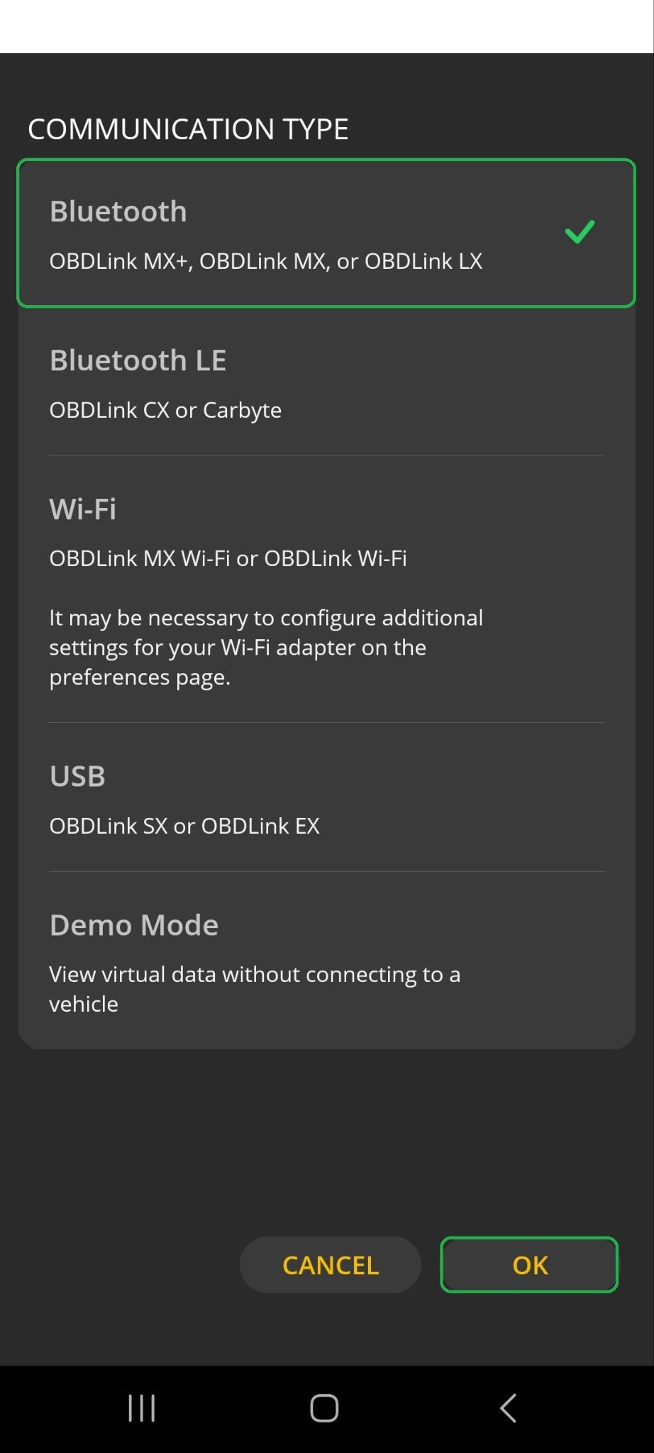 Android Communication Type menu. The Bluetooth option and OK button are highlighted.