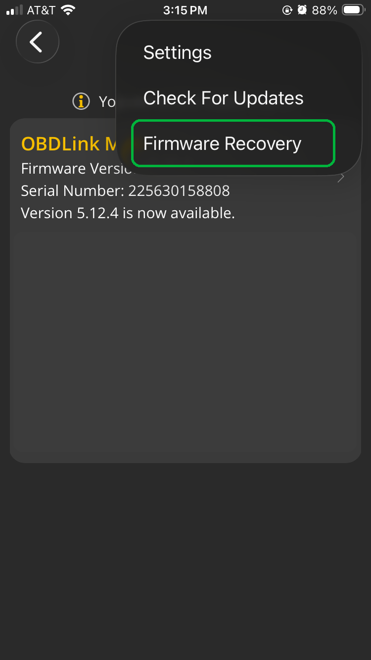 iOS Firmware Updates Menu options. The Firmware Recovery button is highlighted.