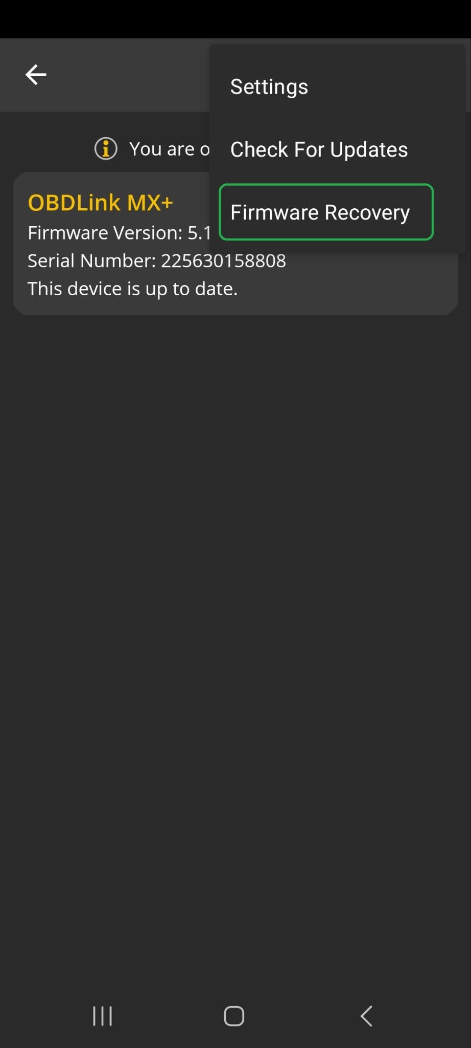 Android Firmware Updates Menu options. The Firmware Recovery button is highlighted.