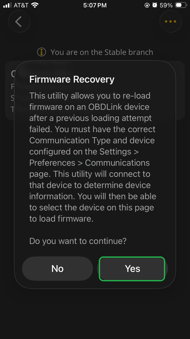 iOS screen showing the Firmware Recovery dialog. The Yes button is highlighted.