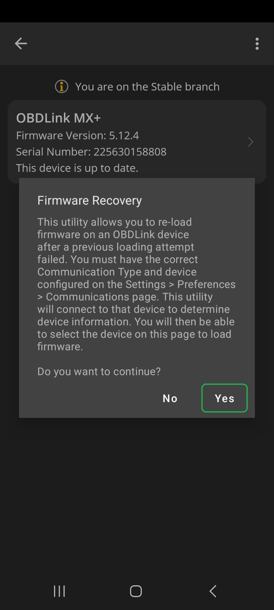 Android screen showing the Firmware Recovery dialog. The Yes button is highlighted.