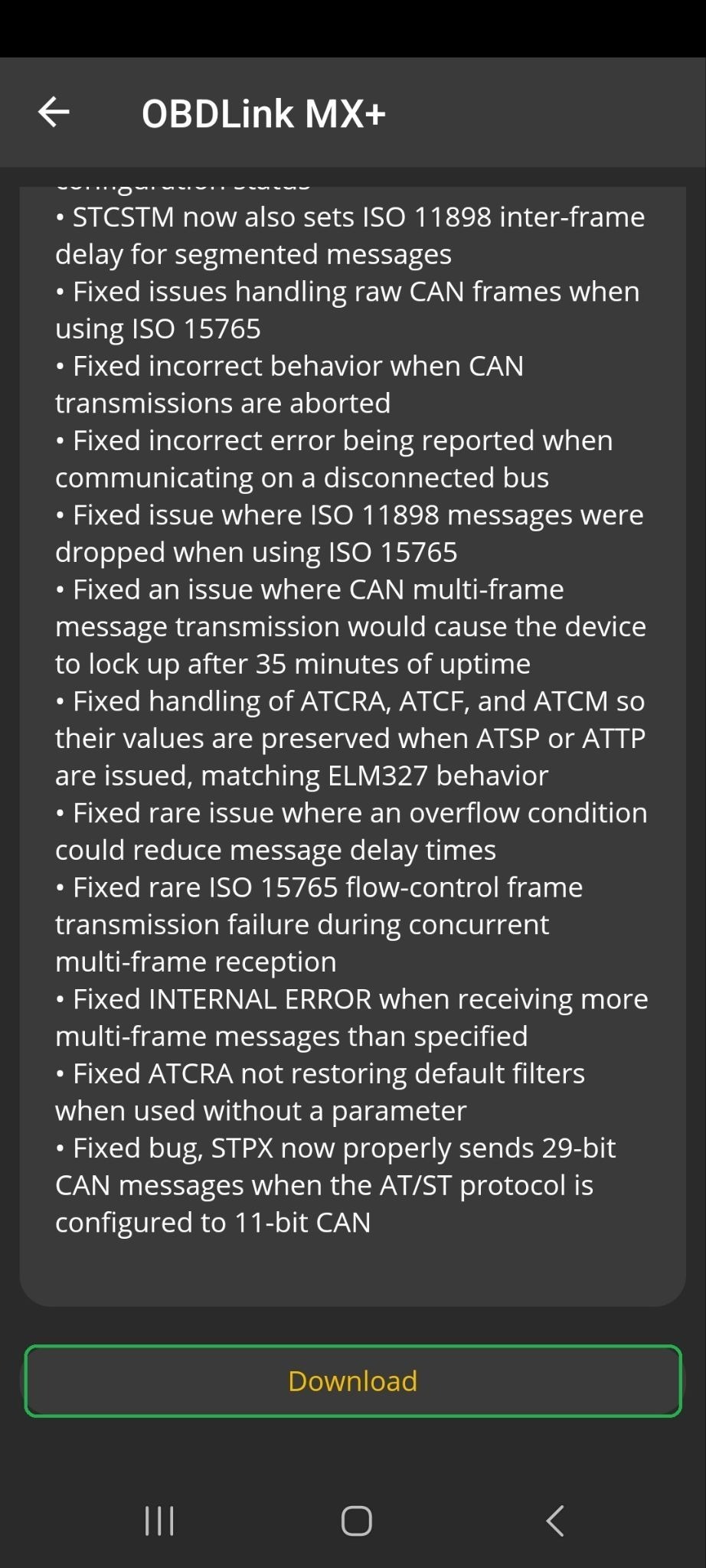 Android Firmware Updates, the lower portion of the screen. Details for the latest firmware version are displayed. The Download button is highlighted.
