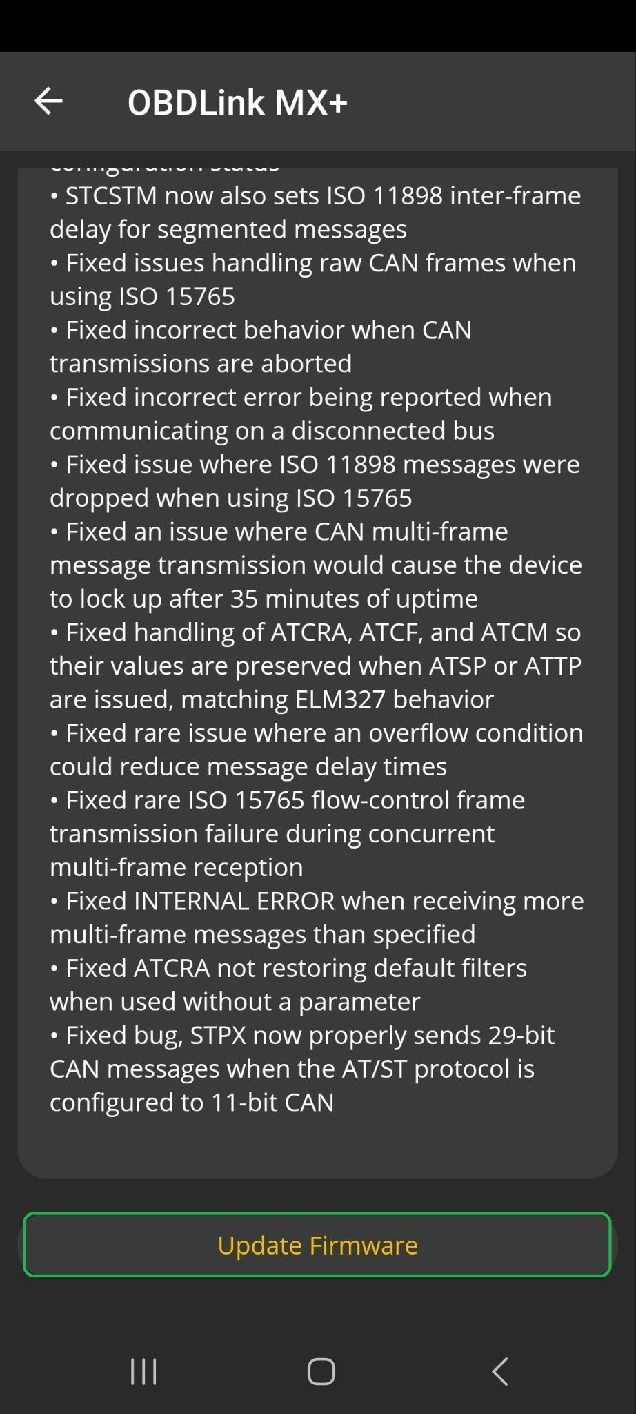Android Firmware Updates, the lower portion of the screen. Details for the latest firmware version are displayed. The Update Firmware button is highlighted.