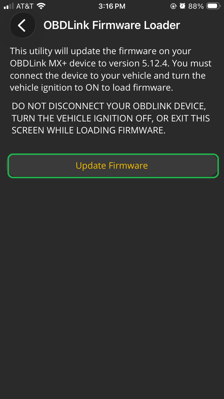 iOS Firmware Updates, confirmation screen. The Update Firmware button is highlighted.