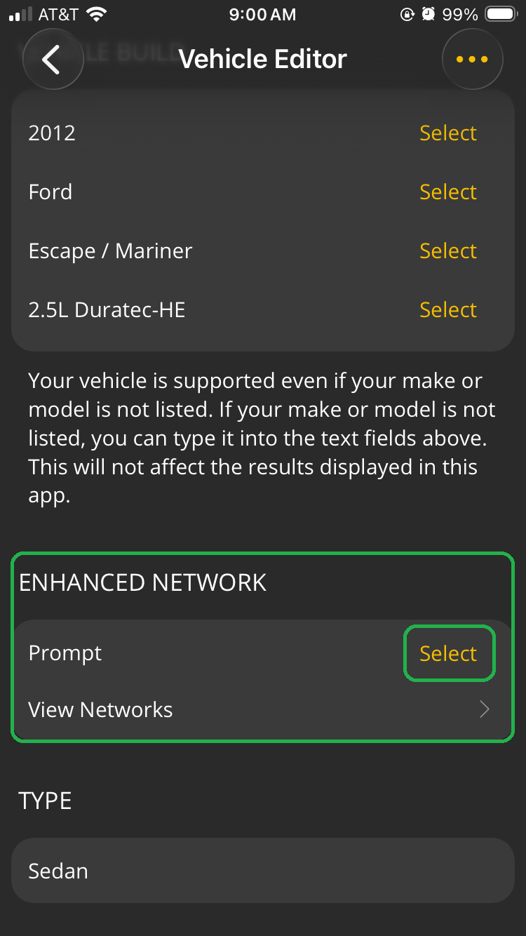 iOS Vehicle Editor screen. In the Enhanced Network section, the Prompt Select button is highlighted. 