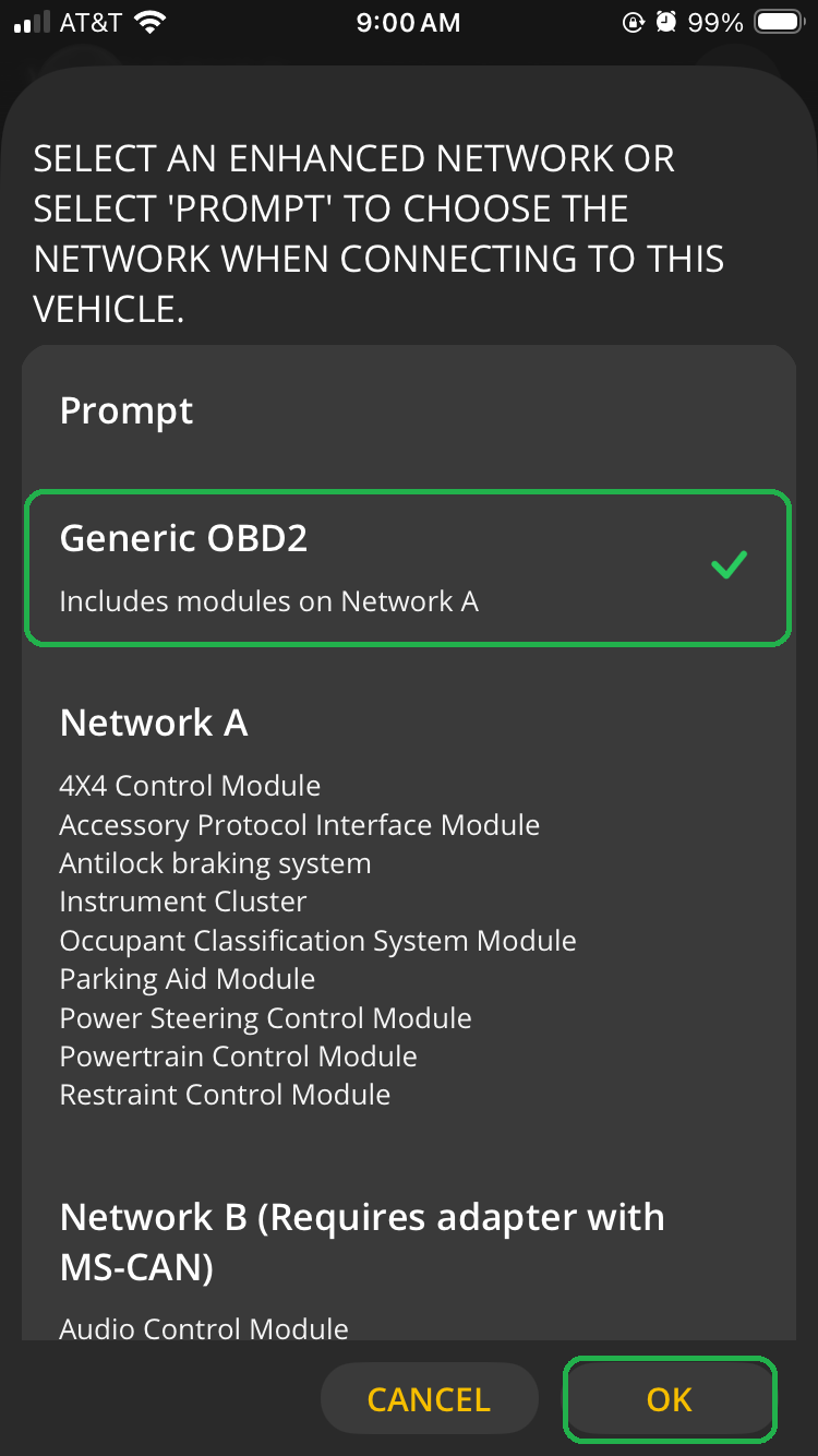 iOS Enhanced Network selection screen. The Generic OBD2 option has a checkmark and is highlighted. The OK button is also highlighted.