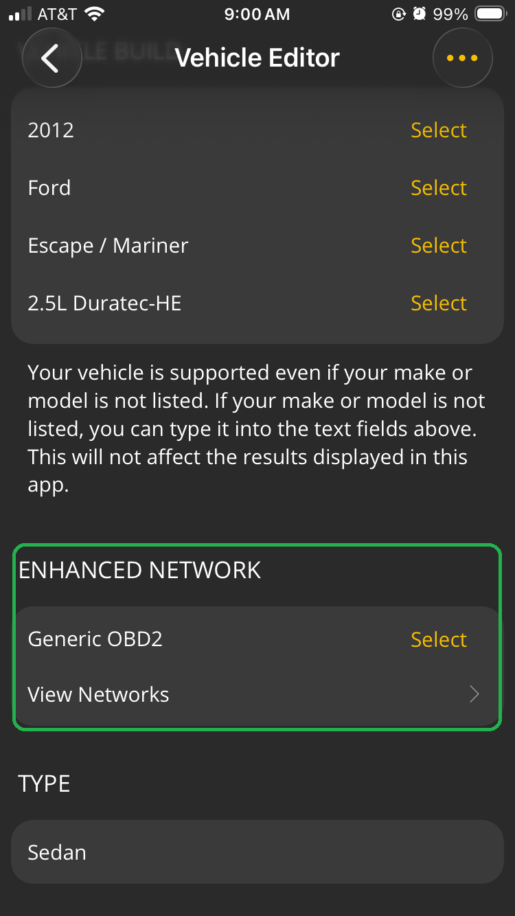 iOS Enhanced Network selection screen. The Generic OBD2 option is highlighted.