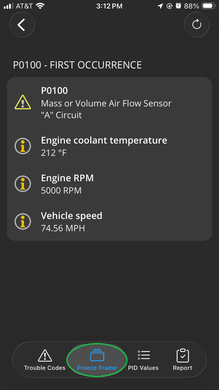 iOS Diagnostics screen showing the Freeze Frame tab.